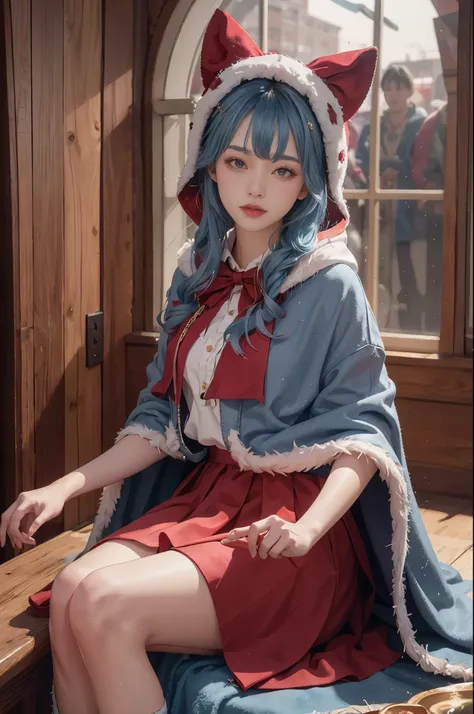 1 girl，hoody，fur cape，Blue hair，ssmile，Lolita costume，Extra-long hair，Red bow hair ornament，Sat down，The content is very detailed,center frame,Focus sharp,城市，natta，Ski slopelizzarding，luring，8K，tmasterpiece，winning artwork，