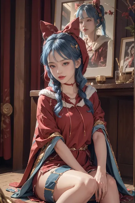 1 girl，hoody，fur cape，Blue hair，ssmile，Lolita costume，Extra-long hair，Red bow hair ornament，Sat down，The content is very detailed,center frame,Focus sharp,城市，natta，Ski slopelizzarding，luring，8K，tmasterpiece，winning artwork，