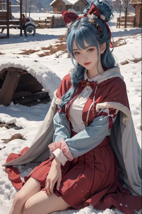 1 girl，hoody，fur cape，Blue hair，ssmile，Lolita costume，Extra-long hair，Red bow hair ornament，sitting down，The content is very detailed,center frame,Focus sharp,城市，outside，natta，snow field，luring，8K，tmasterpiece，winning artwork，