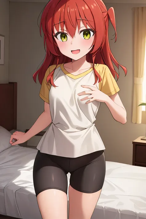 1 girl, best quality, ultra high res, long hair, red hair, green eyes, looking at viewers, small breast, standing, pov, slim body, loli body, small body, smile, open mouth, yellow shirt, short sleeves, bike shorts, bedroom, white bed sheets,