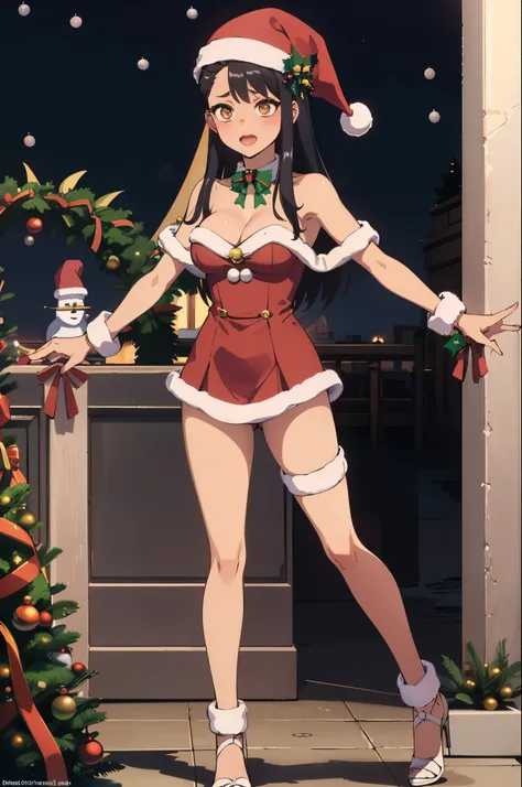 sexy, Piernas gruesas, Minivestido rojo con detalles festivos., combinado con tacones a juego para un conjunto elegante y festivo, (((christmas beastig breasts))