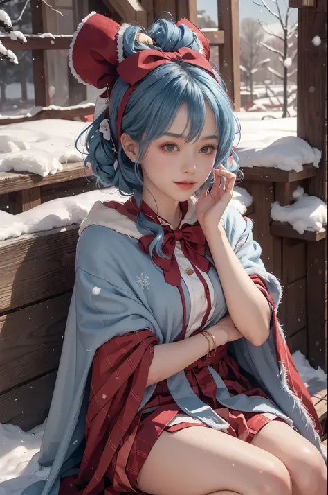 1 girl，hoody，fur cape，Blue hair，ssmile，Lolita costume，Extra-long hair，Red bow hair ornament，sitting down，The content is very detailed,center frame,Focus sharp,城市，outside，natta，snow field，luring，8K，tmasterpiece，winning artwork，