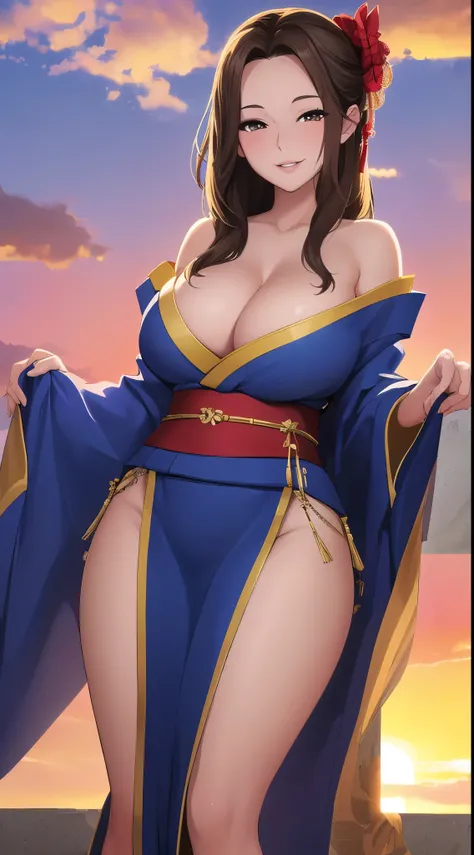 (best quality:1.5, highres, UHD, 4K, detailed lighting, shaders, HDR), brown long hair, forehead, large breasts, off shoulder kimono, cleavage, mature woman, lips, smiling, flirting, 30 years old, sexy, thighs, standing, from below view, close shot, sunset...