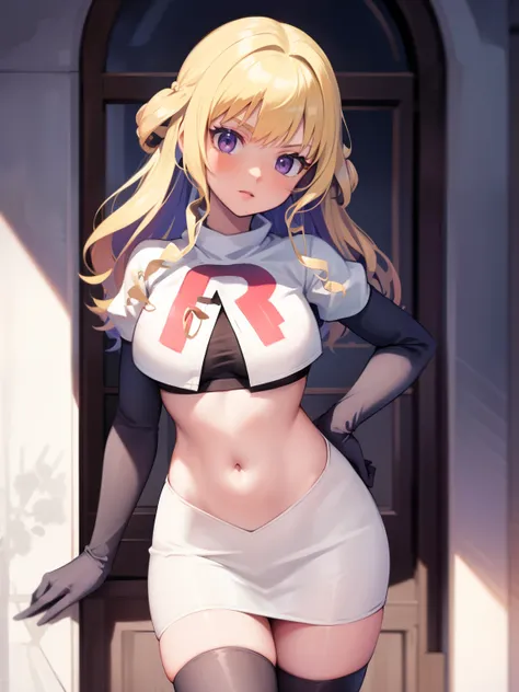 constance_academy, purple eyes glossy lips ,team rocket uniform, red letter R, white skirt,white crop top,black thigh-high boots, black elbow gloves, looking at viewer, cowboy shot