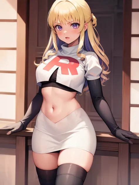 constance_academy, purple eyes glossy lips ,team rocket uniform, red letter R, white skirt,white crop top,black thigh-high boots, black elbow gloves, looking at viewer, cowboy shot