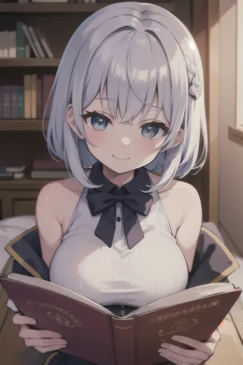 shirogane noel from hololive, big boobs, wear tank top, 8k, masterpie, detailed, smile, bob hair, reading book