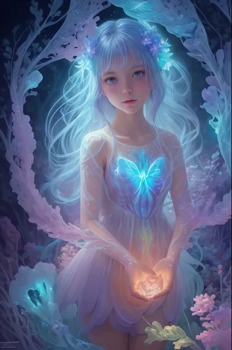 Ultra detailed illustration of a cartoon girl, lost in a magical world of wonders, luminous, translucent, Transparent, bioluminescent flora, Incredibly detailed, pastel colours, hand painted brush strokes, visible strokes, oil paint, Artist MSchiffer, nigh...