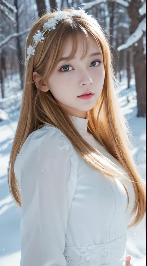 [a white lighting translucent phantom made of snow], dark muted tones, The white, A world covered in snow, branches covered with snow, cold winter touch, Unparalleled beauty, Lustrous firm and shiny skin, Bangs between the eyes, Glossy straight beautiful p...