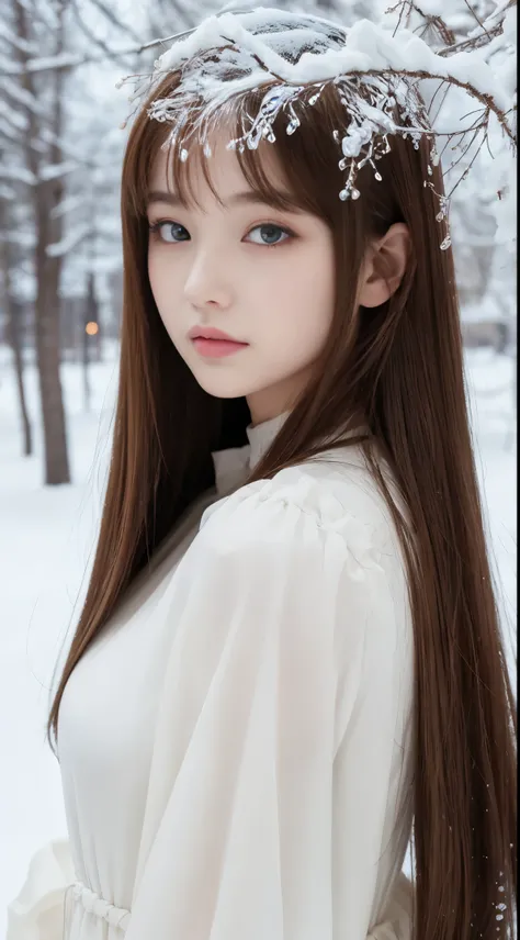 [a white lighting translucent phantom made of snow], dark muted tones, The white, A world covered in snow, branches covered with snow, cold winter touch, Unparalleled beauty, Lustrous firm and shiny skin, Bangs between the eyes, Glossy straight beautiful p...