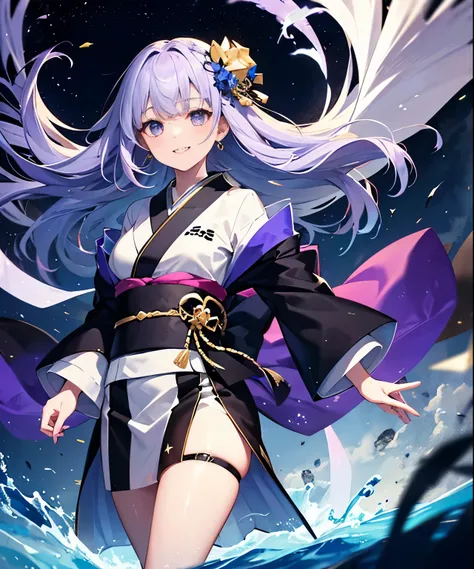 (((​masterpiece)))、(((top-quality)))、((ultra-detailliert))、1girl in、A smile、The long-haired、Light purple hair、strong breeze、In nature、Kimono、battle field、Star chips、overlord、Strong