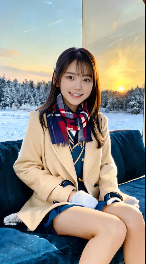 (Close up portrait of one girl with slender small breasts and twin-tailed long hair in a coat over a winter school uniform and a scarf :1.5)、(One girl with little smile and hair fluttering in the wind :1.3)、(Beautiful snowy sunset sky:1.5)、(Perfect Anatomy...