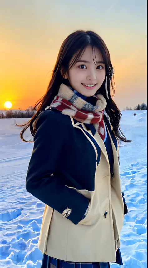 (Close up portrait of one girl with slender small breasts and twin-tailed long hair in a coat over a winter school uniform and a scarf :1.5)、(One girl with little smile and hair fluttering in the wind :1.3)、(Beautiful snowy sunset sky:1.5)、(Perfect Anatomy...