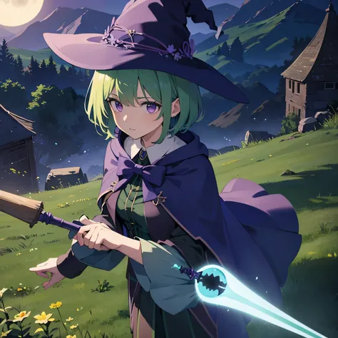 Beautiful girl, green blue hair, short hair, witch cloth, witch hat, purple eyes, holding magic staff, meadow, night, Moonlight, best quality, 8k