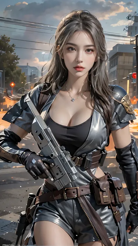 Photorealistic, high resolution, 1 woman, Solo, Hips up, view the viewer, (Detailed face), long hair, SWAT vests, jewelry, medium bust, battlefield outfit, silver outfit, bare stomach and shoulders, bare thigh, building background, walking,, back, ass