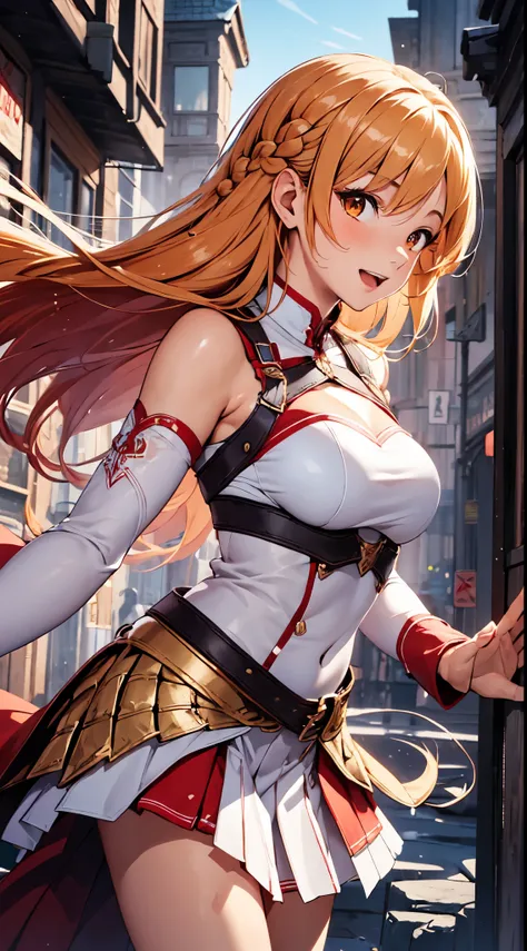 ​masterpiece, best quality, hight resolution, arsna, long hair, orange hair, braid, orange eyes, bare shoulders, armor, breastpl...