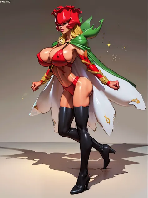 (View from above:1.2), ((back view:1.5)), perfect ass, Eyes covered, woman, rosemon , ((dust particles)), holding hands together, adorned in ((red suit)), ((twerking)), muscles, emanating a medieval elegance and marvel, green cape, (black thigh highs), blo...