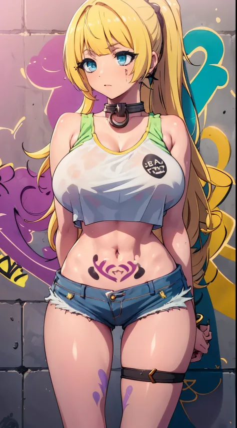 shera, masterpiece, bestquality, 1girls, blonde hair, big breasts, Ponytail, bara, crop top, shorts jeans, choker, (Graffiti:1.5), Splash with purple lightning pattern., arm behind back, against wall, looking at the audience, bracelet, Thigh strap, Head ti...