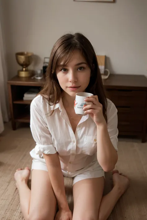 Beautiful girl, wearing a white mens button-down shirt, white shorts, sitting on a chair on all fours, holding a cup of tea in both hands.