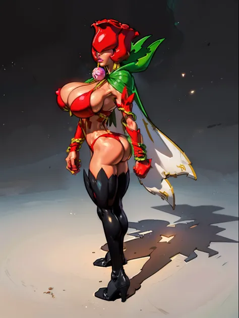 (View from above:1.2), ((back view:1.5)), perfect ass, Eyes covered, woman, rosemon , ((dust particles)), holding hands together, adorned in ((red leotard)), ((twerking)), muscles, emanating a medieval elegance and marvel, green cape, (black thigh highs), ...