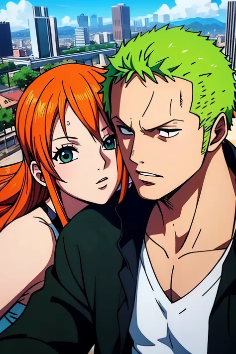 Zoro y Nami, Full HD, ciudad, alta calidad, 8k, selfie, beso