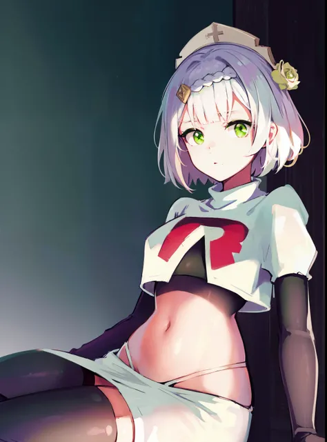 genshinnoelle, noelle, braid, flower, hair flower, hair ornament, short hair, silver hair, (green eyes:1.5),team rocket,team rocket uniform,white skirt,crop top,black thigh-high boots,black elbow gloves,