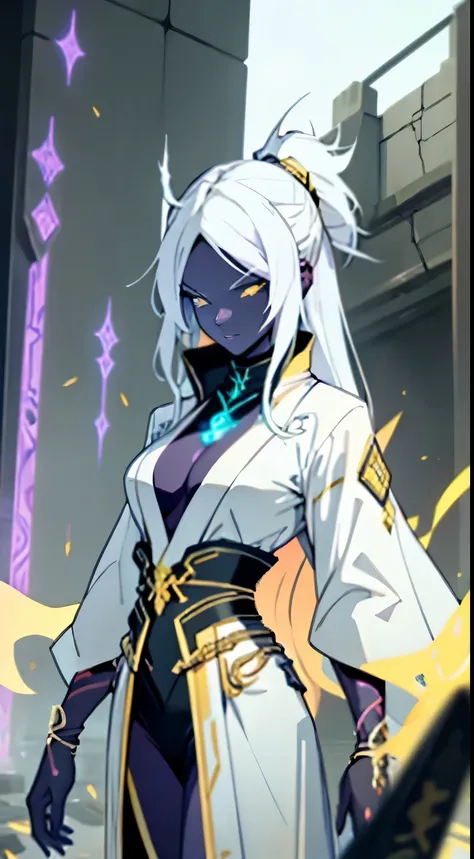 A beautiful and sexy megatrix woman with long white hair and yellow eyes who has a very sexy body wearing a white kimono with gold details and having several runes running across her body