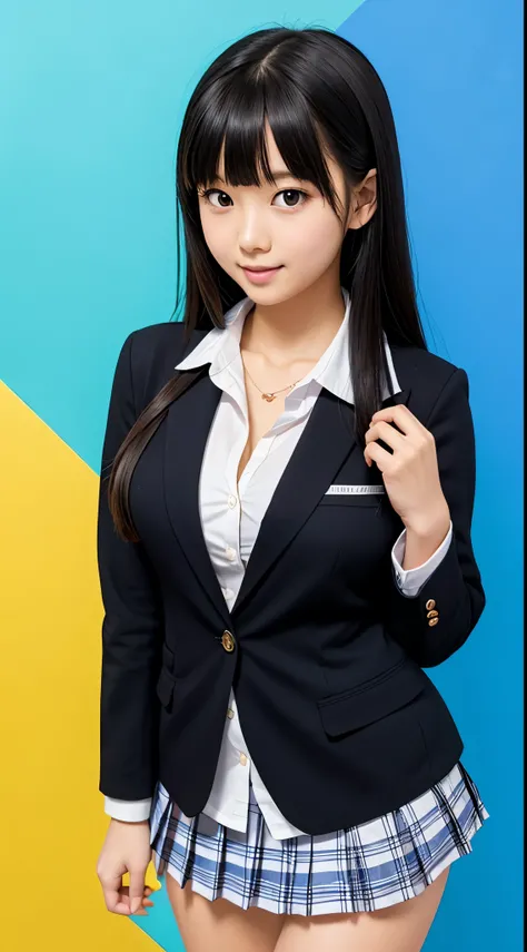 ((Best Quality)), ((masutepiece)), (Detailed), (highlight), Perfect face　Young girl with detailed face showing cleavage、Long, thick, shiny, beautiful black hair with blunt bangs、Single-color background、Standing wearing school uniform with blazer and minisk...