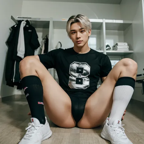 Male, Korean, Kpop idol aesthetic,white hair with dark roots, light pale skin, dark brown eyes, big muscular body, in a locker room, wearing a shinny black tightlongsleeve compression tshirt, white jockstrap, shin guards under socks, long black knee length...