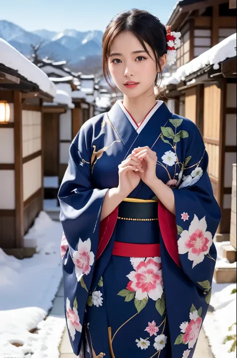 hot spring village in japan, snowy landscape, ((falling powder snow)), a beautiful japanese girl in a brilliant kimono, solo, ma...