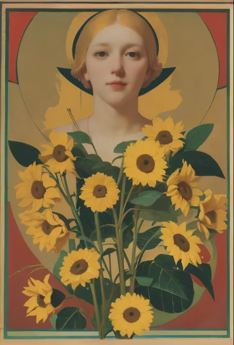 chiaroscuro technique on illustration of an elegant Stylized poster, Russian beauty, in sunflowers, (artist Andrey-Remnev), ((Best Quality, tmasterpiece)), Extreme detailing, 8K