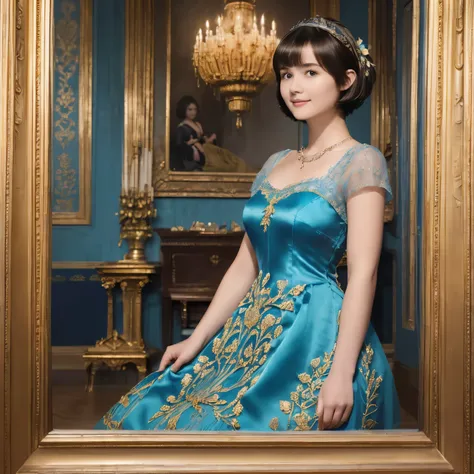 142
(a 20 yo woman,in the palace), (A hyper-realistic), (high-level image quality), ((beautiful hairstyle 46)), ((short-hair:1.46)), (kindly smile), (breasted:1.1), (lipsticks), (wearing a blue dress), (murky,wide,Luxurious room), (florals), (an oil painti...