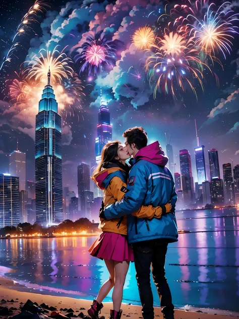 A stunning photo captures this wonderful New Year&#39;s Day concert performance，nigh sky，gorgeous color，(Concert scene)，(crowd of)，Milky Way，(skyscrapers on the shore:1.5)，(city night scene:1.2)，(Couple wearing down jackets hugging:1.5)，Watch the fireworks...