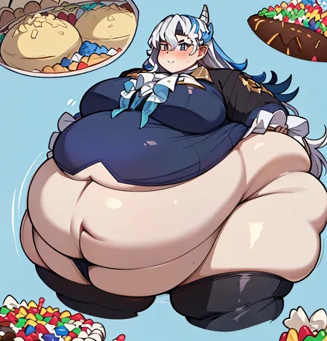 masterpiece, ((best quality)), ((Very Detailed) ,1boy, neuvillette, long hair, blue hair, suit ,ascot, Beautiful face and Eyes:1.4,  background: Candyland,(high_aesthetic), ((WeightImmobile:1.6)), ((Wide Hips:1.3)), ((Large  Round Belly:1.4)), Thick thighs...