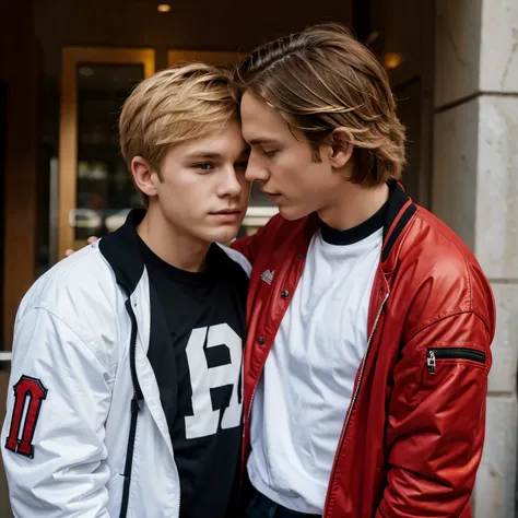 Two blonde boys with red and white sleeve varsity jacket making out