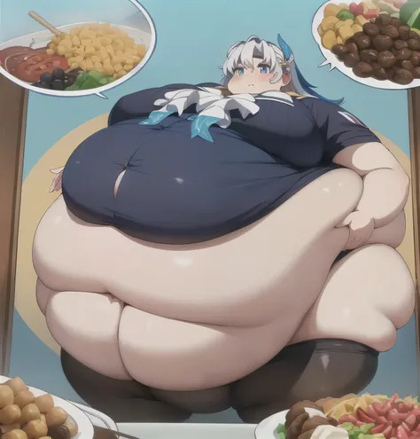 masterpiece, ((best quality)), ((Very Detailed) ,1boy, neuvillette, long hair, blue hair, suit ,ascot, Beautiful face and Eyes:1.4,  background: Candyland,(high_aesthetic), ((WeightImmobile:1.6)), ((Wide Hips:1.3)), ((Large  Round Belly:1.4)), Thick thighs...