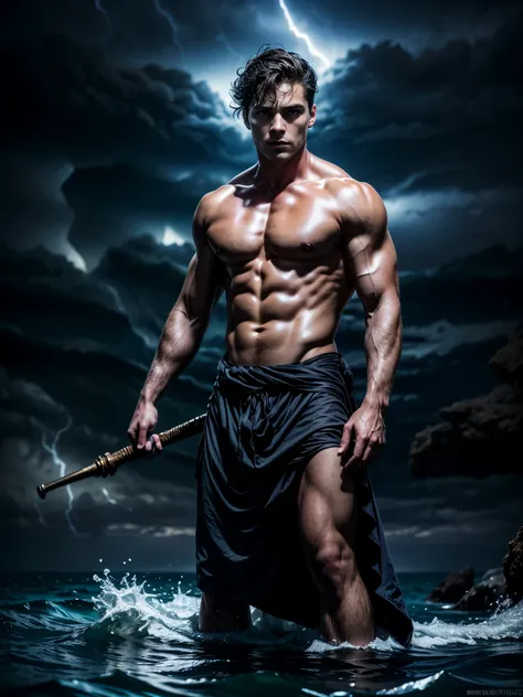 ((masterpiece)),((best quality)),8k, high detailed, ultra-detailed, Stylish Pose, real skin texture, dark cinematic lighting, 18-year-old italian male model, handsome, cute looking, divine look, powerful light blue eyes, Poseidon god, god of the seas, Nept...