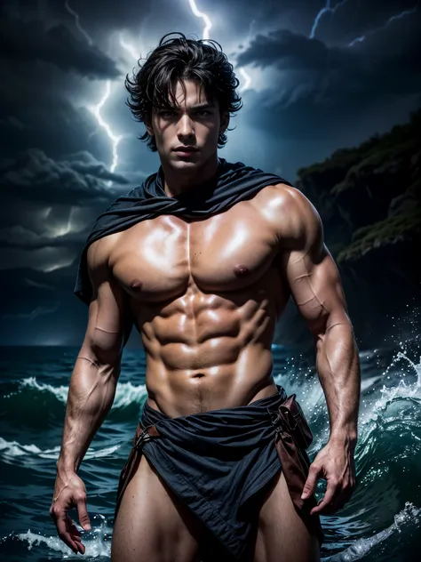 ((masterpiece)),((best quality)),8k, high detailed, ultra-detailed, Stylish Pose, real skin texture, dark cinematic lighting, 18-year-old italian male model, handsome, cute looking, divine look, powerful light blue eyes, Poseidon god, god of the seas, Nept...