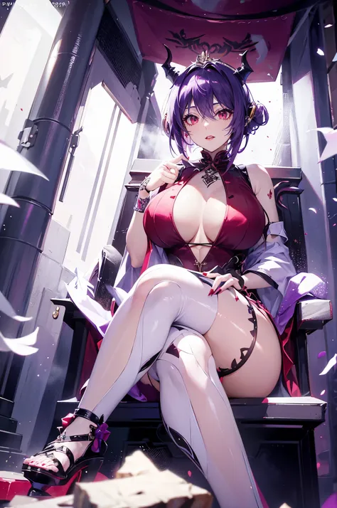 Body is extremely normal,close up,The world of dreams,Dragon Queen, Purple black super short bun,head chain首饰,(head chain,Redlip),A pair of dragon horns,A pair of huge broken dragon wings,Armored tights,Sit on the throne,humanoid creature, (Volcano throne ...