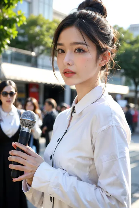 (((Best quality at best)), ((tmasterpiece)), (detailed), The background is the mall，natural classic face，Talking with microphone in hand，A girl records work nearby，long sleeve work uniform，Hair tied up