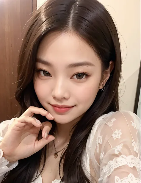 realistic girl with curly blonde hair, pretty woman, takes a selfie smiling, jennie kim, pretty lips, beautiful body,  white skin, selfie, pretty woman, jennie kim, jennie blackpink, casual dress, smile looking at the cell phone camera, beautiful hair