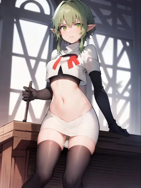 best quality, (masterpiece:1.2), detailed,
1girl, solo, pointy ears,
green hair, green eyes, short hair, short hair with long lo...