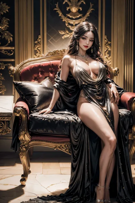 An extremely sexy and mature girl,Extremely beautiful and perfect Middle Eastern girl,Sexy mature royal sister,A girl with royal sister style,noblesRoyal sister temperament,Alone,In a very luxurious lobby,lobby of ancient palace,Antique style palace decora...