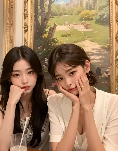 two women sitting at a table with drinks and a painting behind them, con hiedra, Bae Suzy, Jinyoung Shin, Caras hermosas, Blackpink Jennie, Caras preciosas, ulzzang, dos veces, con cara linda - fina -, Iu, # Oc, #Oc, exclusivo, Sha Xi, 8k)), Favorito de lo...