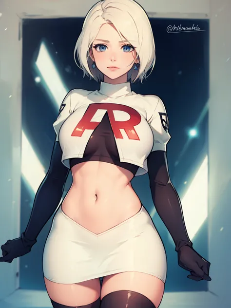 warMercedes, short hair ,glossy lips ,team rocket uniform, red letter R, white skirt,white crop top,black thigh-high boots, black elbow gloves, looking at viewer, cowboy shot