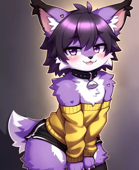 Furry male, (((eyeliner))), eyelashes, (((black eyeshadow))), ((male focus)), lynx, (((purple fur))), (purple hair), furry, cute fangs, cute, medium hair, furry, anime style, fluff, fluffy, thuft, disheveled, realistic fur, detailed, detailed shadows, chee...