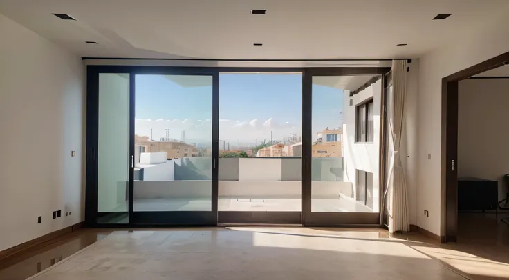 Interior grande, Minimalista, 8k, Arquitectonico, Interior Frio, Realista, Mansion, Ventana vista ciudad, Ventanas enormes con marco negro