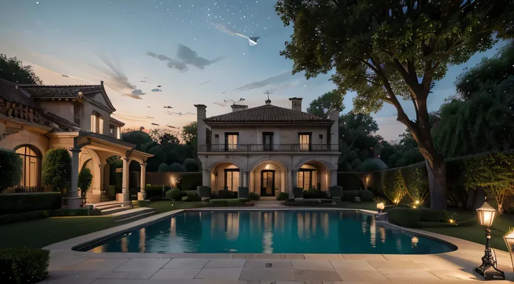 Mansion, Patio exterior, Naturaleza, Abundantes arboles, Piscina, Escena hermosa, Con muchos detalles, 8k, Realista, Fotorealismo, Escena de noche, Gran luna, Muchas Estrellas en el cielo