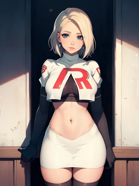 warMercedes, short hair ,glossy lips ,team rocket uniform, red letter R, white skirt,white crop top,black thigh-high boots, black elbow gloves, looking at viewer, cowboy shot