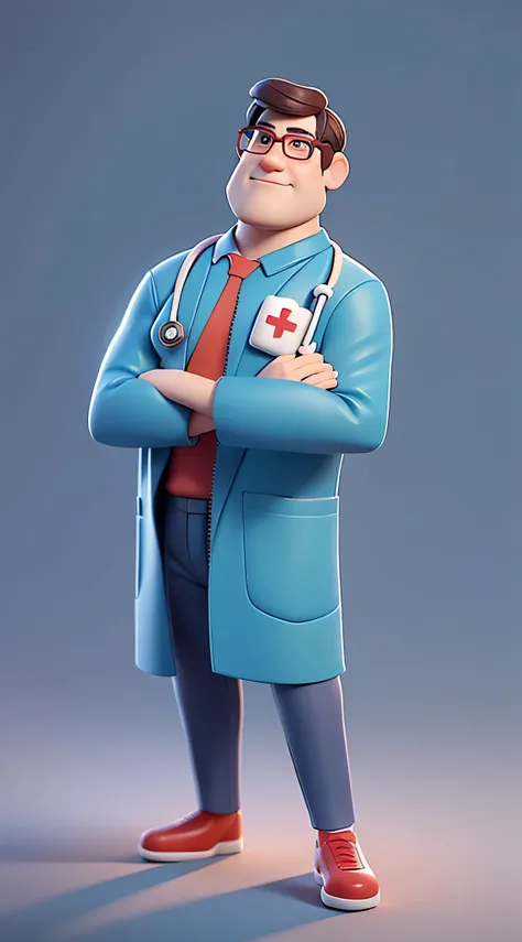 One wears glasses、Male doctor character wearing blue shirt, He has a stethoscope hanging around his neck, Animated characters, stylized characters, animation style rendering, 3D stylization, arnold maya render, stylized 3d render, Render key shots, 3D char...
