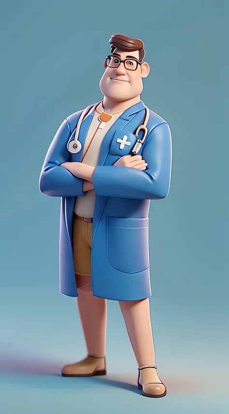 One wears glasses、Male doctor character wearing blue shirt, He has a stethoscope hanging around his neck, Animated characters, stylized characters, animation style rendering, 3D stylization, arnold maya render, stylized 3d render, Render key shots, 3D char...